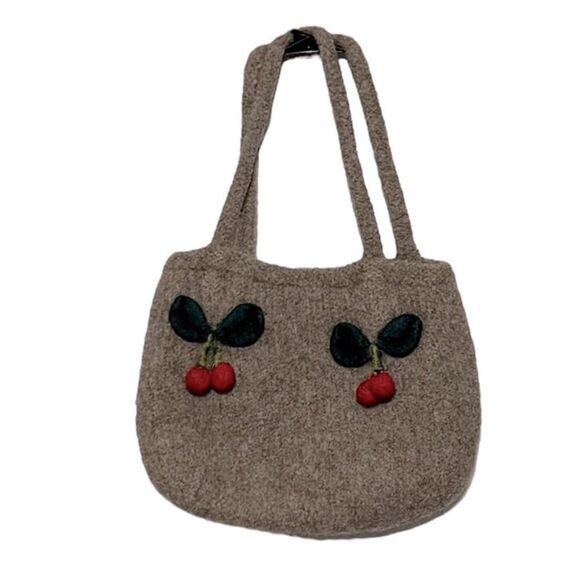 Cherry Shoulder Bag Purse Handmade Wool Felted Gingham Plaid Lining Double Strap - Picture 1 of 5